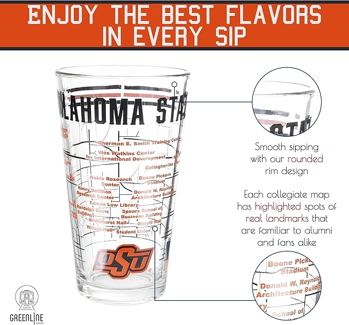 Greenline Goods – Oklahoma State University Cowboys College Pint Beer Glasses (Set of 2), 16 oz – Full-Color Logo + Campus Map