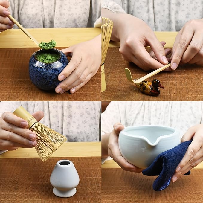 Artcome 7 Pcs Complete Matcha Ceremony Kit for Tea Ceremony, Bowl with Pouring Spout, Whisk, Tea Scoop, Matcha Powder Strainer, Matcha Tea Set For Making Usucha, Koicha and Matcha Latte (White)
