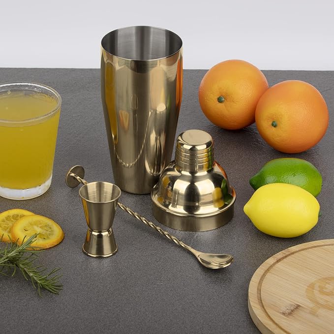 Tiawudi Large 24oz Cocktail Shaker Set, Stainless Steel 18/8 Martini Mixer Shaker with Built-in Strainer, Measuring Jigger & Mixing Spoon, Martini Shaker Set, Perfect for Bartender and Home Use, Gold