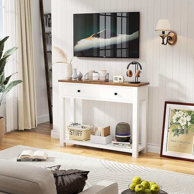 Homieasy Farmhouse Console Table with 2 Drawers, 32 Inch Small Sofa Table with Storage Shelf for Living Room, Behind Couch, Entryway Table for Hallway, Living Room, or Foyer, Brown and Antique White