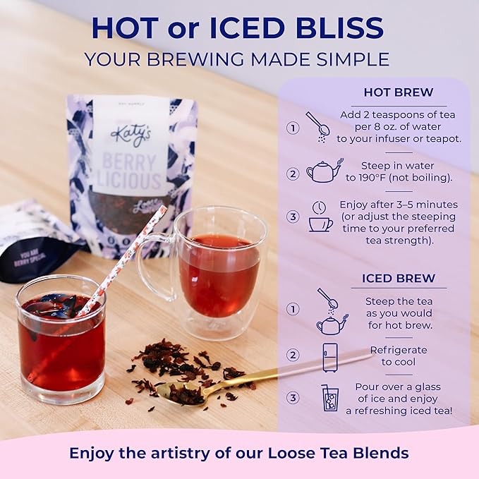 Katy’s® Berrylicious Loose Leaf Tea | Hibiscus, Blueberry & Cranberry | Fruity Herbal Tea | Caffeine-Free Fruit Tea | Cold Brew or Hot | 30+ Cups | Antioxidant-Rich | Woman-Owned | 3oz Pouch