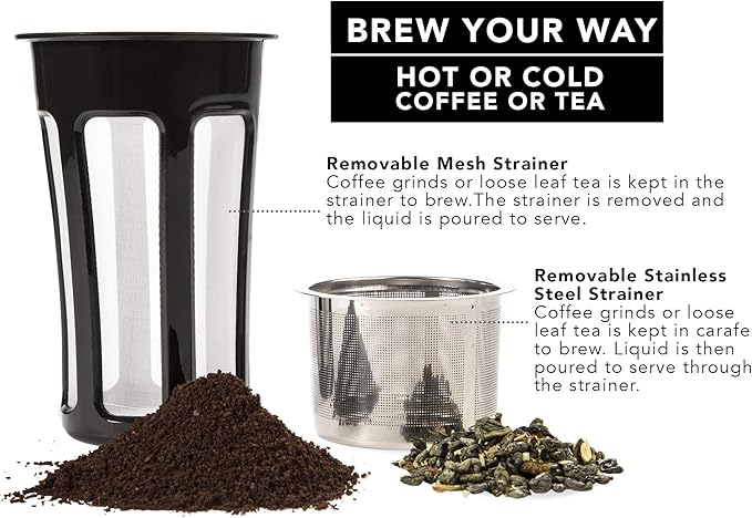 Hastings Collective Thermal Coffee Carafe 68 Oz - Large Stainless Steel Insulated Carafe - 2 Liter Double Walled Vacuum Thermos Coffee and Beverage Dispenser with Tea Infuser and Strainer (Black)