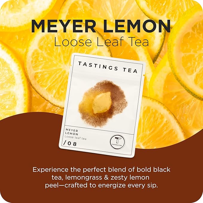 Tastings Tea Meyer Lemon Loose Leaf, 2 oz | Unsweetened Black Citrus Blend & Fruit Infusion with Lemongrass & Peel | Hot or Iced Cold Brew | Small Batch & Sustainably Sourced | Resealable Pouch