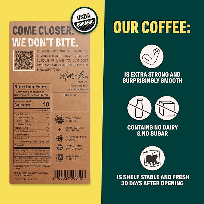 Wandering Bear Straight Black Organic Cold Brew Coffee On Tap, Iced Coffee Drink - Extra Strong, Smooth, No Sugar Added, Shelf-Stable, Ready to Drink, 100% Organic - 16 Servings of 6fl.oz - 96fl.oz