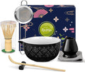 Matcha Whisk Set Matcha Kit - 7 Pcs Japanese Tea Set Includes Matcha Bowl with Spout,Bamboo Whisk with Ceramic Holder,Bamboo Scoop and Rest,Sifter,Tea Towel, for Ceremony Matcha Lovers Gift,Black