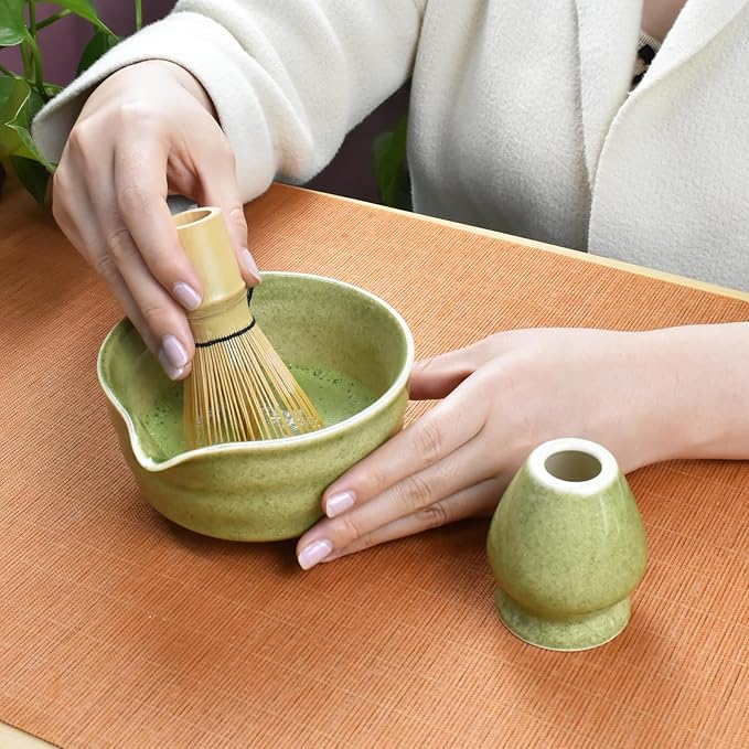 Artcome 7-Piece Matcha Tea Set - Complete Japanese Ceremony Kit with Bowl, Whisk, Scoop, Strainer & Guide, Mottled Green