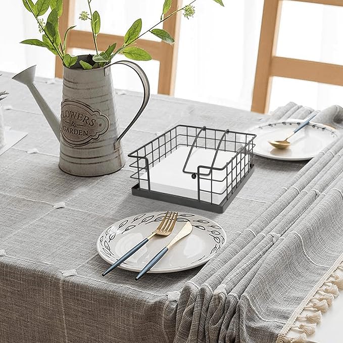 Homode Farmhouse Napkin Holder, Wooden Napkin Holders for Paper Napkins, Square Kitchen Napkin Dispenser for Tables, Flat Napkin Basket with Weighted Arm, Rustic Gray