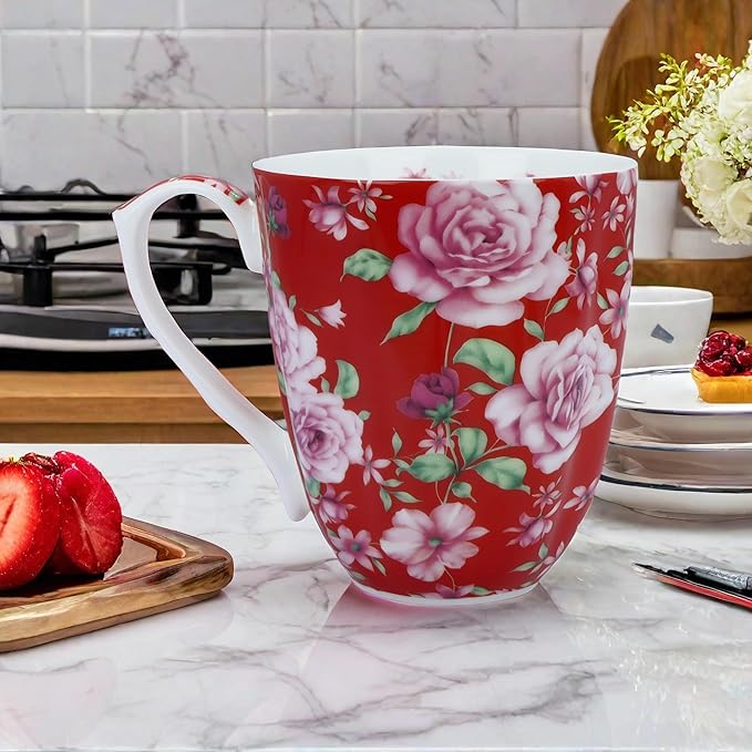 14oz Bone China Coffee Mugs for Women Floral Coffee Mug Tea Cups Novetly Coffee Cups Gift for Women Mom Friends (Bright red rose)
