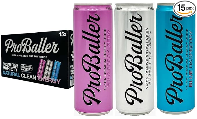 ProBaller Ultra Premium Zero Sugar Energy Drink - Natural & Clean NSF Certified Sport Drink with Amino Acids, Taurine, Biotin, Vitamin B 12 Methylcobalamin, & Electrolytes - 15 Pack - Variety