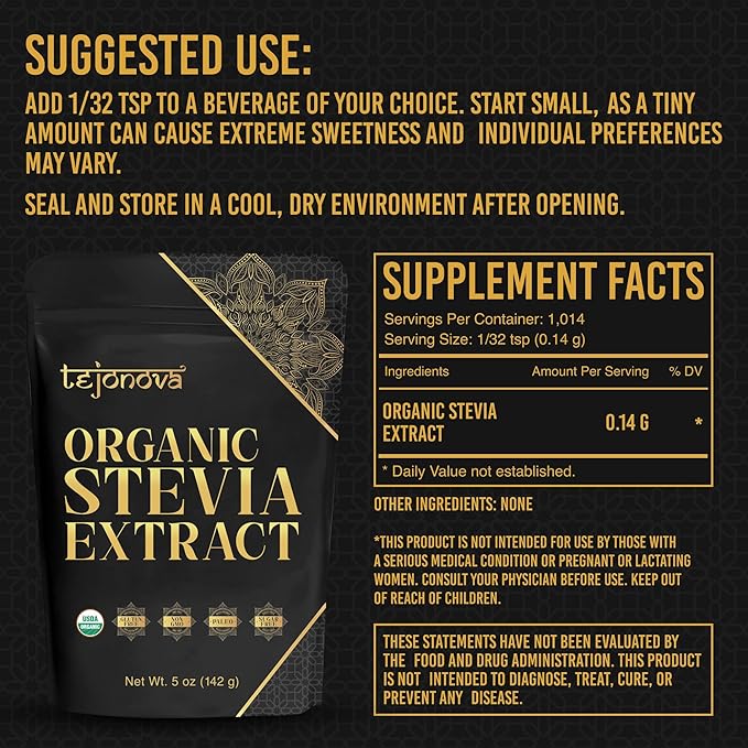 tejonova Organic Stevia Powder, 5oz, Stevia Sweetener, Stevia Organic, Stevia Extract Powder, Zero Calorie Sweetener, Stevia Sugar Substitute, Pure Stevia No Additives, 1014 Servings