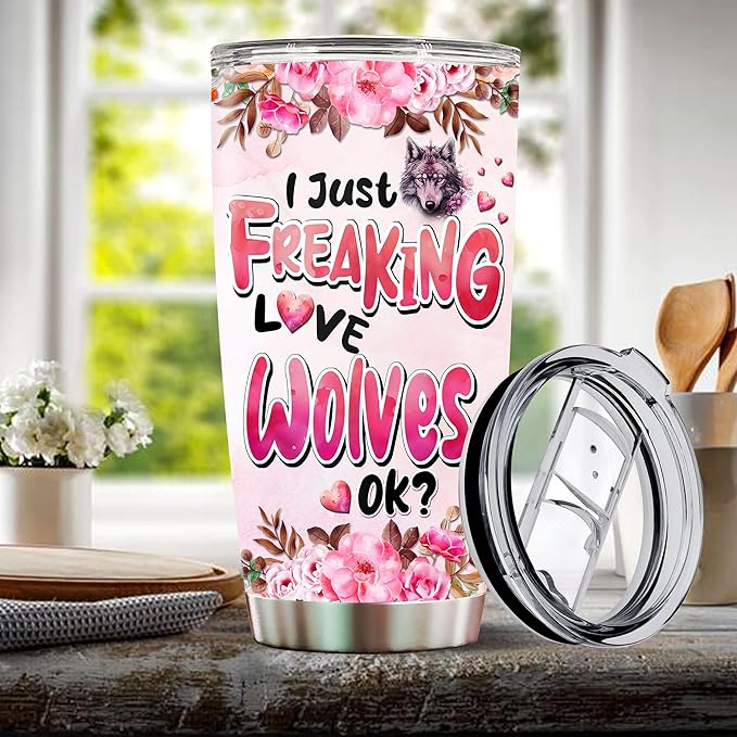 Wolf Tumbler 20oz Cute Animal Gift for Women, Girls Who Freaking Love Wolves Lovers Moon Flowers Perfect Birthday Christmas Valentine Wife Daughter Insulated Stainless Steel Coffee Cup with Lid