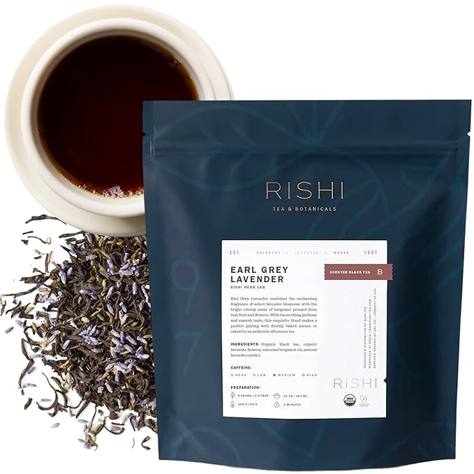 Rishi Tea Earl Grey Lavender Loose Leaf Pure Black Tea - Organic with Bergamot Oil and Lavender Flowers, Energizing & Caffeinated - 16 Ounces, 50+ Servings