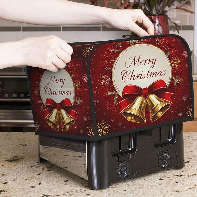 Toaster Cover 4 Slice Christmas Bells Red Xmas Kitchen Small Appliance Covers with Pockets Dust and Fingerprint Protection