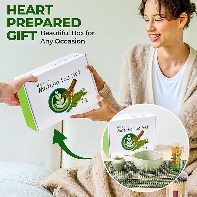 Matcha Tea Set – Japanese Tea Ceremony Set with 17 oz Handcrafted Matcha Bowl, Bamboo Whisk, Holder & Spout – 4 Pcs Gift Set for Matcha Lovers