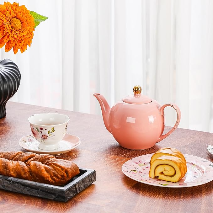 30oz Pink Porcelain Teapot, Blush Ceramic Teapot with Gold Trim, Romantic Teapot for Loose Leaf Tea, Tea Parties Gifts