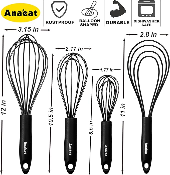 Anaeat Silicone Kitchen Whisk Set of 4, Perfect for Non-Stick Cookware, Egg Beater Milk Blender for Whisking, Cooking, Baking, Beating - 11'' Flat Whisk and 9''+11''+12'' Balloon Whisks (Black)