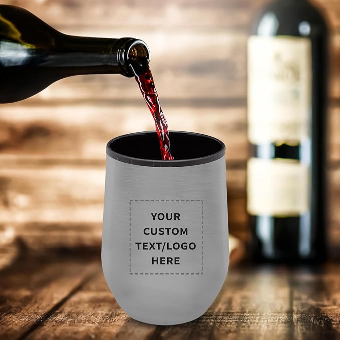 DISCOUNT PROMOS Custom Stemless Wine Tumblers 12 oz. Set of 1, Personalized Bulk Pack - Insulated, Perfect for Wine, Cocktails, Other Hot & Cold Beverages - Silver