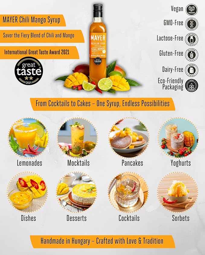 Mayer Premium Chili Mango Syrup – Award-Winning Organic Fruit Syrup, Crafted with 100% Real Fruits, All Natural, Vegan, Gluten-Free – Ideal for Cocktails, Coffee, Desserts, Cocktails (16.9 oz)