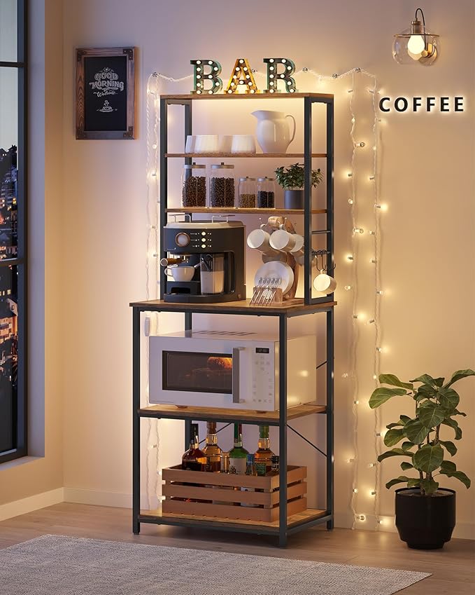 VASAGLE Coffee Bar, 23.6 Inches Baker's Rack for Kitchen with Storage, 6-Tier Kitchen Shelves with 6 Hooks, Microwave Stand, Industrial, Rustic Brown and Ink Black UKKS024B01