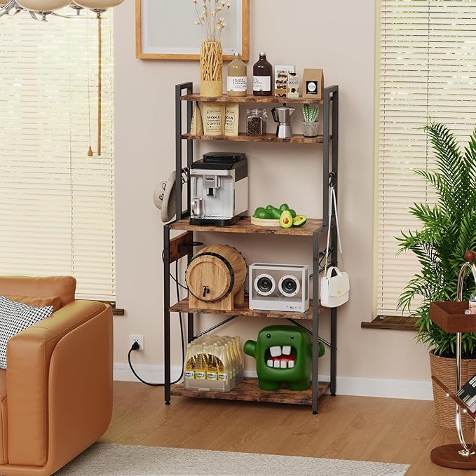 Luckyeestar 5 Tier Kitchen Bakers Rack with Power Outlet，25.2 Inch Metal Storage Shelf for Microwave, Coffee Bar, Spice Organizer, Freestanding Kitchen Cart with Hooks