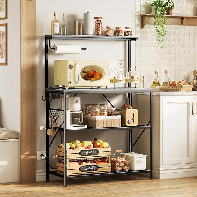 Huuger 4-Tier Bakers Rack with Reversible Power Outlet, 31.5 Inch Microwave Stand, Kitchen Bar, with Top Shelf, 6 S Hooks, Grey