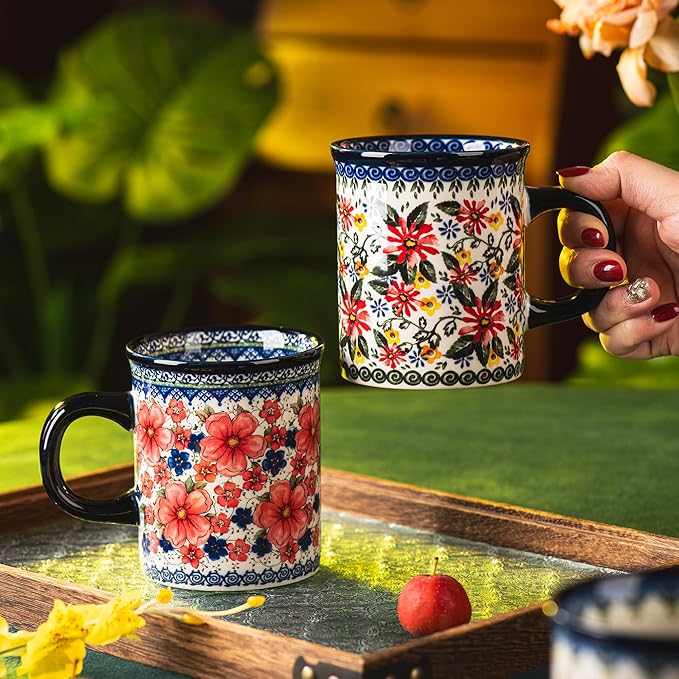Ceramic Latte Mug Set of 4, 15.5oz Hand Painted Porcelain Coffee Cups With Handle for Tea/Milk/Cocoa - Modern Retro Design For Any Kitchen. Microwave and Dishwash Safe (Exotic Daisy)