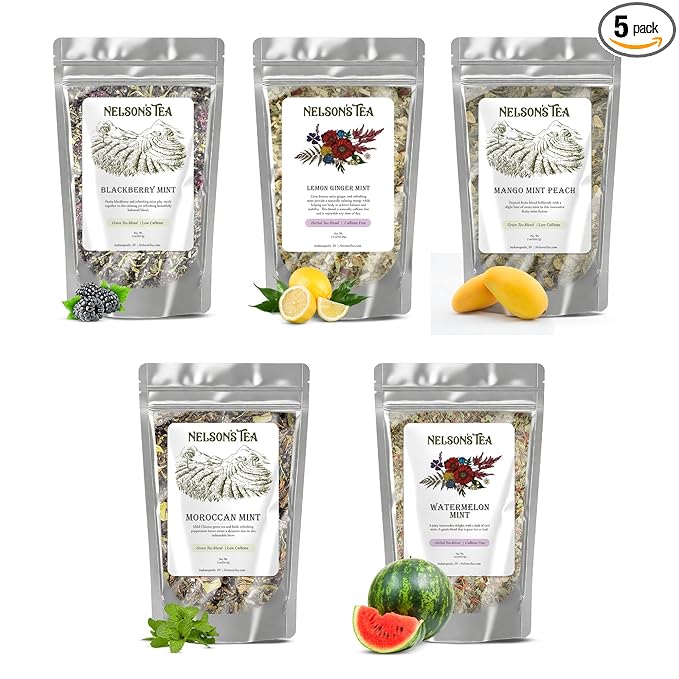 Nelson's Tea Mint Sampler Pack - 5 Variety Pack - Loose Leaf Tea Sampler - BlackberryMint 2oz, Lemon Ginger Mint 1.6 oz, MangoMint Peach 2oz, MoroccanMint 2Oz, WatermelonMint 1.6oz