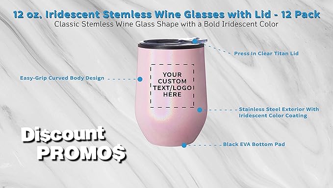 Custom Palmera Stemless Wine Tumblers with Lids 12 oz. Set of 12, Personalized Bulk Pack - Perfect for Wine, Cocktails, Other Hot & Cold Beverages - Iridescent Pink