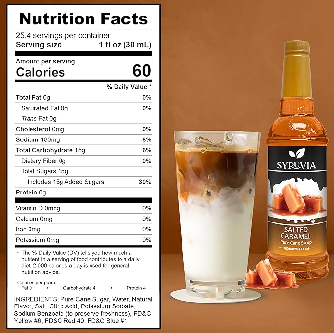Syruvia Salted Caramel Syrup - 25.4 fl oz. Premium Coffee Flavoring Syrup. Kosher, and Gluten-Free. Perfect for Enhancing Drinks, Sodas, Shakes, Desserts, and More With Pump (Pack of 2)