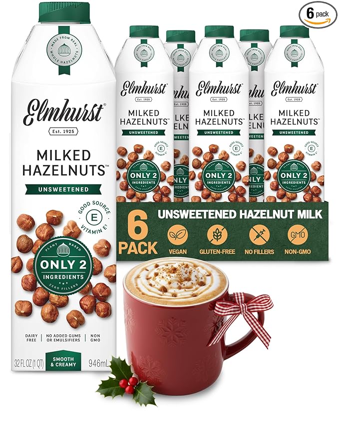 Elmhurst 1925 Unsweetened Hazelnut Milk - 32 Ounce (Pack of 6) Dairy-Free, Gluten-Free, Vegan, Kosher, Shelf Stable Milk Made with Water & Hazelnuts for Healthier, Simpler Plant-Based Alternatives