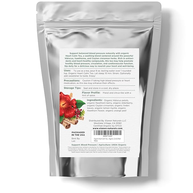 Organic Heart Calm Tea 4 oz. (113g), Blood Pressure Tea to Maintain Healthy Pressure, Circulation Balance, Delicious Tasting, USDA Certified Organic, Cut & Sifted