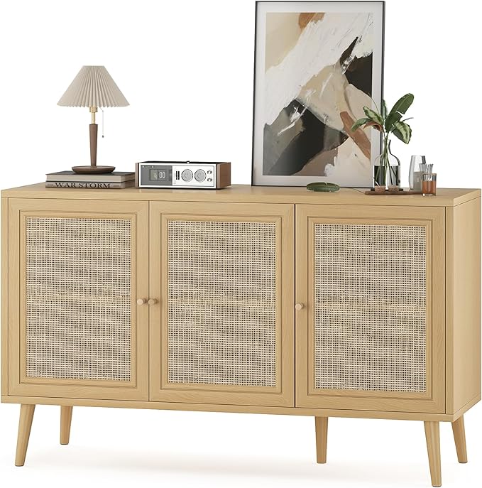 47.2" Buffet Cabinet with Storage Accent Sideboard, Modern Kitchen Cabinet with Rattan Doors, Wood Coffee Bar Table Console for Kitchen Living Room Entryway, Khaki