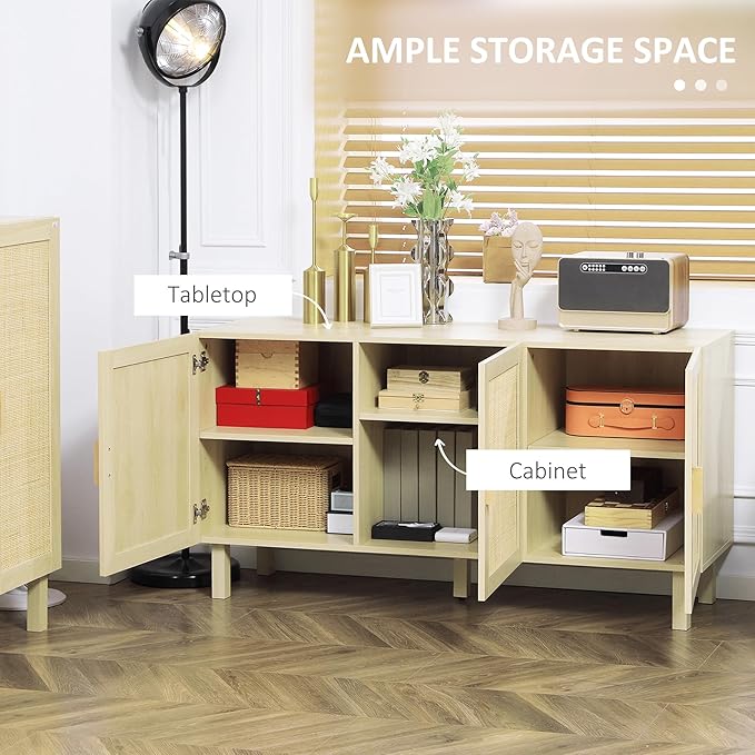 HOMCOM Boho Sideboard Buffet Cabinet, Coffee Bar Cabinet with 3 Rattan Doors and Adjustable Shelves for Kitchen, Living Room, Natural Mixed