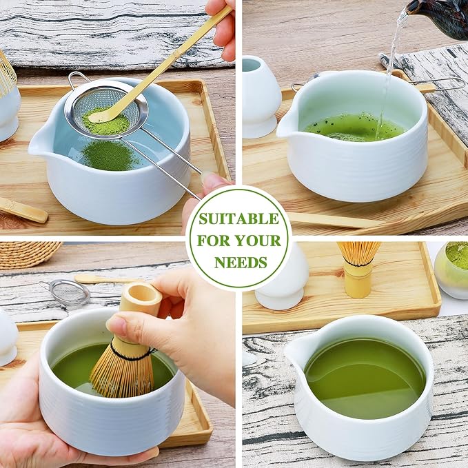 Accguan Matcha Whisk Set, 7pcs - Bamboo & Ceramic, Includes 19 oz Bowl, Whisk, Spoons, Holder, Sifter & More - Perfect for Matcha Lovers