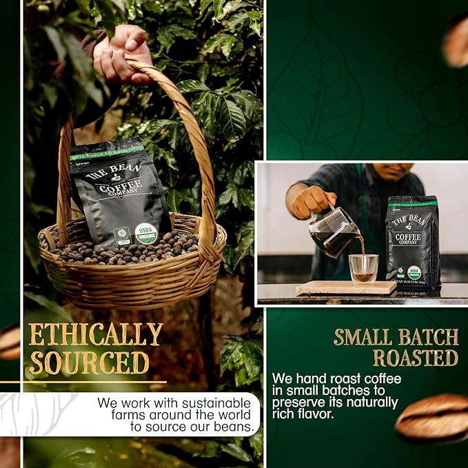 The Bean Organic Coffee Company Water Processed DECAF South America Blend, Medium Roast, Ground Coffee, 16-Ounce Bag, Café Molido Tostado Orgánico descafeinado