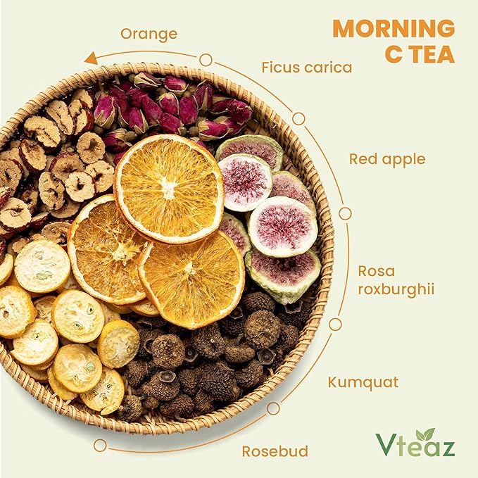 Vteaz Premium Morning C Loose Leaf Tea, 15 Bags - 45 Cups, Whole Fruit Organic Tea, Non-GMO Caffeine Free, Gluten Free, Natural Ingredients with Freeze-drying Technology, Vitamin C, Immune Support