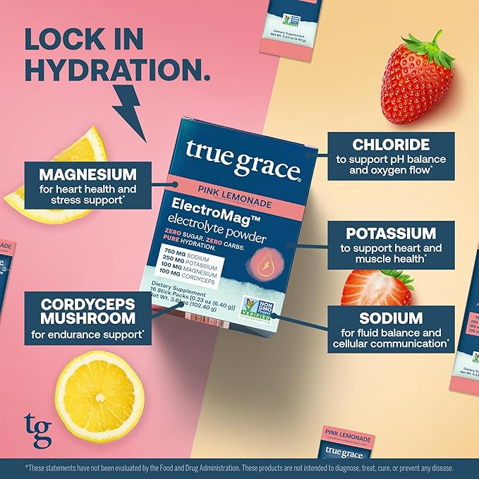True Grace ElectroMag - 16 Stick Packs - Pink Lemonade - Electrolyte Powder for Rapid Hydration - Sodium, Potassium, Magnesium & Cordyceps - Zero Sugar & Carbs - Non-GMO - 16 Total Servings