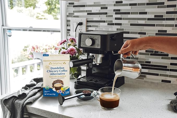DelighTeas Organic Coffee Alternative | Ayurvedic Herbal Chicory Dandelion Coffee | Coffee Substitute | USDA Organic, Caffeine Free, Gluten Free | With Sweet Notes of Carob | 50 servings, 6oz.