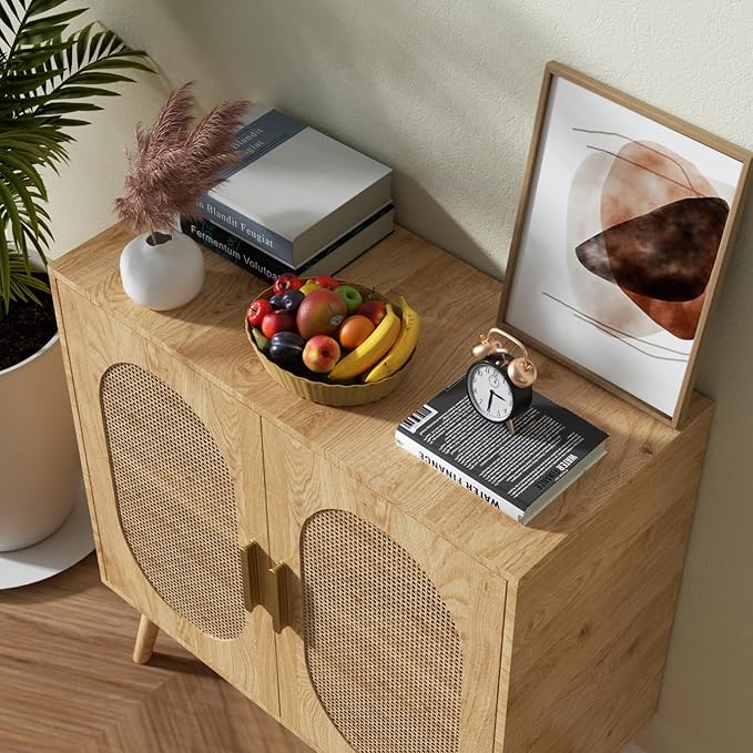 Modern Rattan Storage Cabinet with Doors, Wood Sideboard Buffet Cabinet for Living Room, Entryway, Dining Room (2-Door)