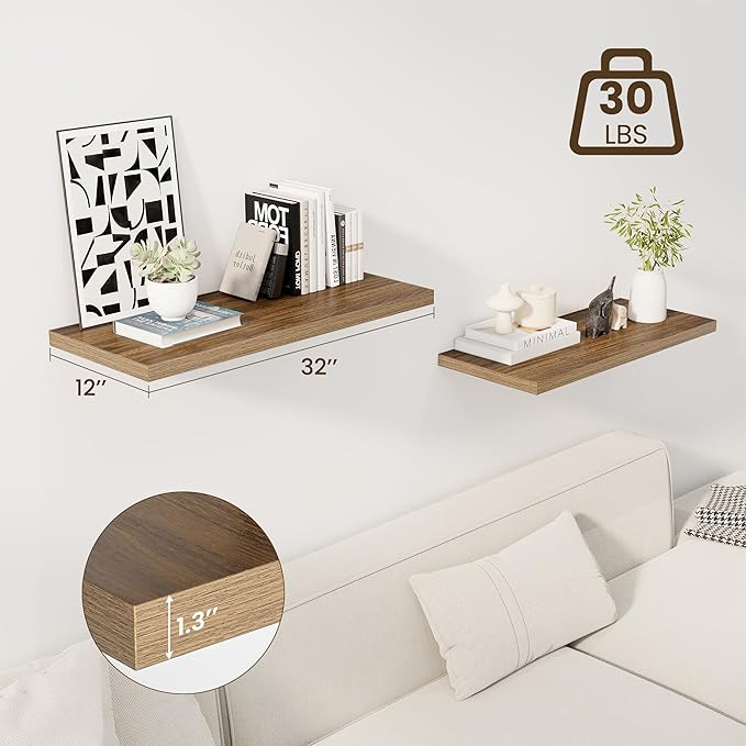 Dreamland 32" Floating Shelves for Wall, 12" Deep Slim Walnut Floating Shelves, Wall-Mounted Shelves for Bedroom, Living Room, Kitchen, Bathroom - Set of 2