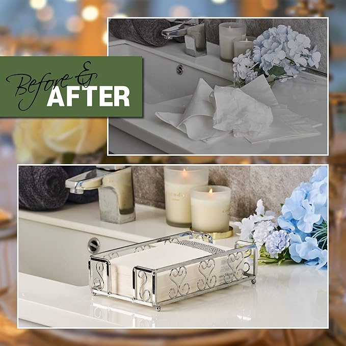 Silver Guest Towel Holder Tray for Bathroom – Napkin Organizer for Disposable Hand Paper Towels, Vanity Countertop Napkin Holder, Modern Bathroom Accessory for Guest Use and Décor