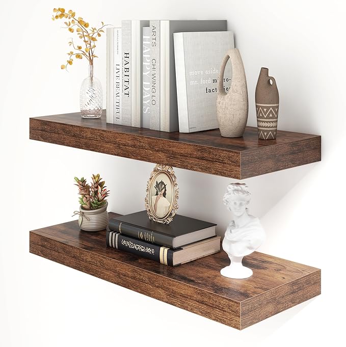 30 Inch Floating Shelves | 12 Inch Deep Brown Floating Shelves Set of 2 | 30" W x 12" D Rustic Wood Shelves for Wall | Deep Brown Shelves for Living Room Bathroom Laundry Room Kitchen