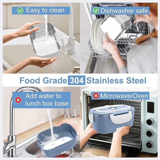 Electric Heated Lunch Boxes Adults: 80W Electric Lunch Box Food Heated 12/24/110V 1.5L Heatable Lunch Box for Car/Truck/Office Leak-Proof Stainless Steel Container,Fork & Spoon,Bag (Light Blue+White)