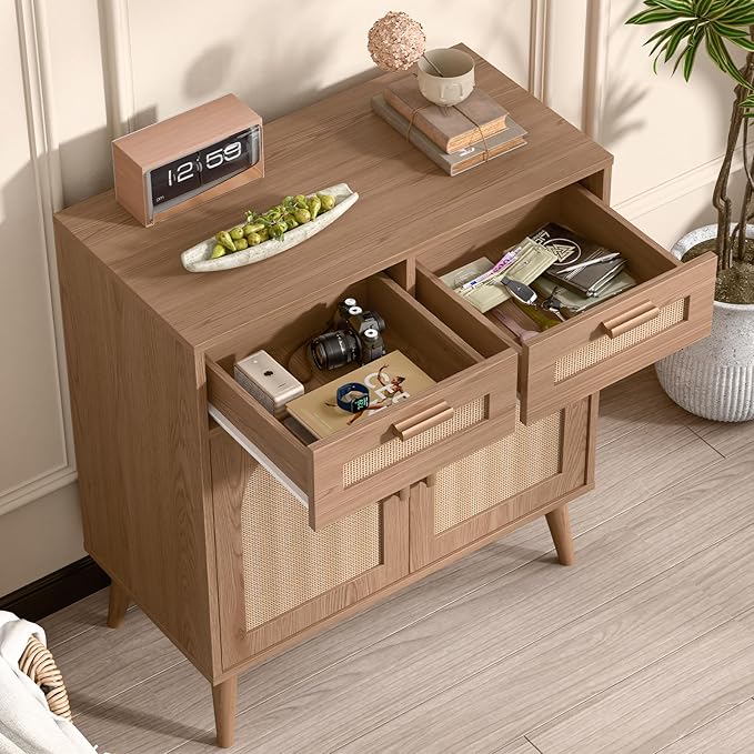 Vabches Kitchen Storage Cabinet with Barn Door, Rattan Sideboard Buffet with Storage Drawers, Rattan Kitchen Cabinet with Drawers for Dining Room, Living Room, EntryWay