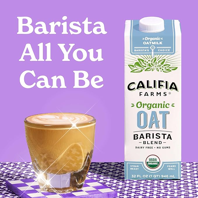 Califia Farms - Organic Oat Barista Blend, 32 oz (Pack of 6), Shelf Stable, Dairy Free, Plant Based, Vegan, Non GMO, Organic Milk, Creamer, Milk Frother, Oatmilk