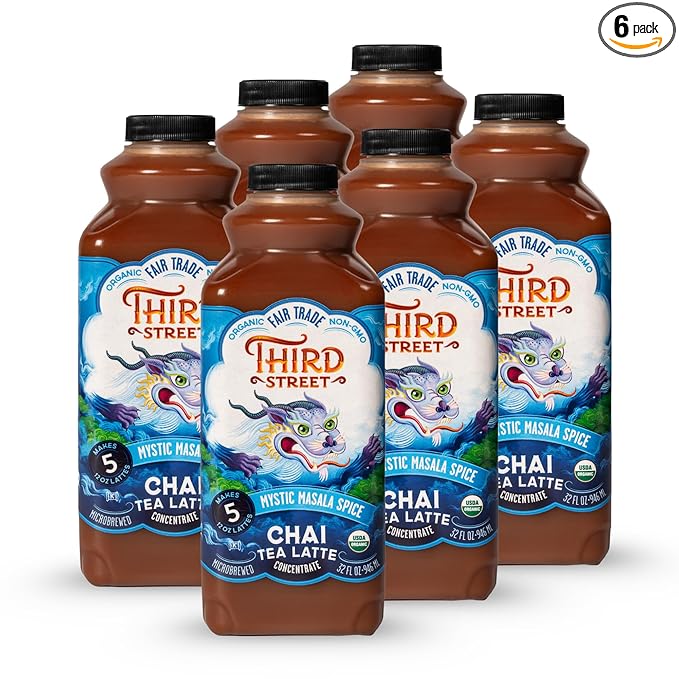 Third Street Inc. Organic Mystic Masala Spice Chai Concentrate 6-Pack, 32 Fl. Oz., Black Tea Latte Concentrate, Authentically Dreamy Tea Blend, Beverage Concentrate 1:1, Vegan, Gluten Free, Kosher, Non-GMO