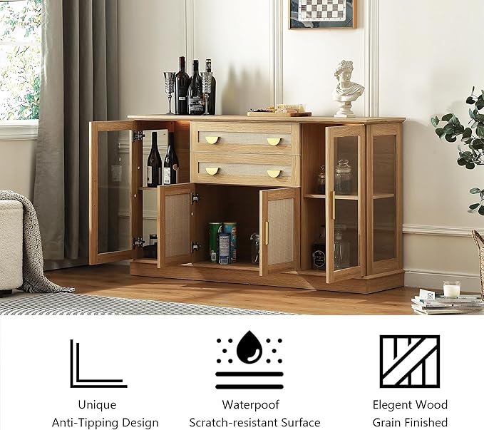 58.27'' Buffet Cabinet with 2 Drawers and Adjustable Shelves,Large Glass Door Coffee Bar Cabinet,Modern Farmhouse Sideboard Credenza for Kitchen,Natrual