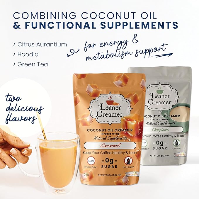 Leaner Creamer Coconut Oil Non-Dairy Creamer Bundle, Original & Caramel Flavors – Sugar-Free, Keto, Gluten-Free Powdered Coffee Creamer for Coffee, Smoothies & Shakes – 2-Pack (280g Each)