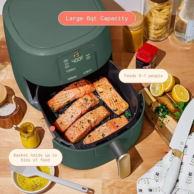 Beautiful 6 Qt Air Fryer with TurboCrisp Technology, EverGood Ceramic Nonstick Coating - Roast, Reheat and dehydrator, kitchen appliances by Drew Barrymore (Thyme Green)