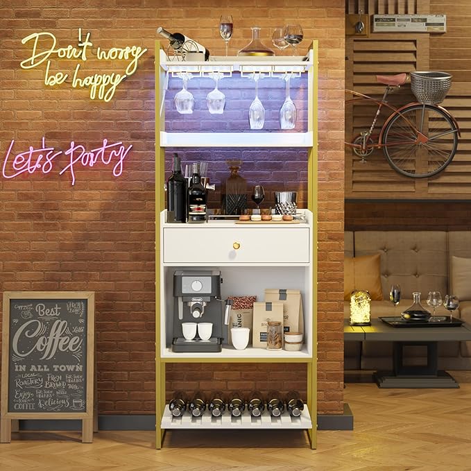 Wine Bar Cabinet with LED Lights, Industrial 67" Tall Coffee Bar with Glass Rack, Liquor Cabinet Wine Rack Storage Metal Wood Sideboard Buffet for Home Dining Living Room, White & Gold